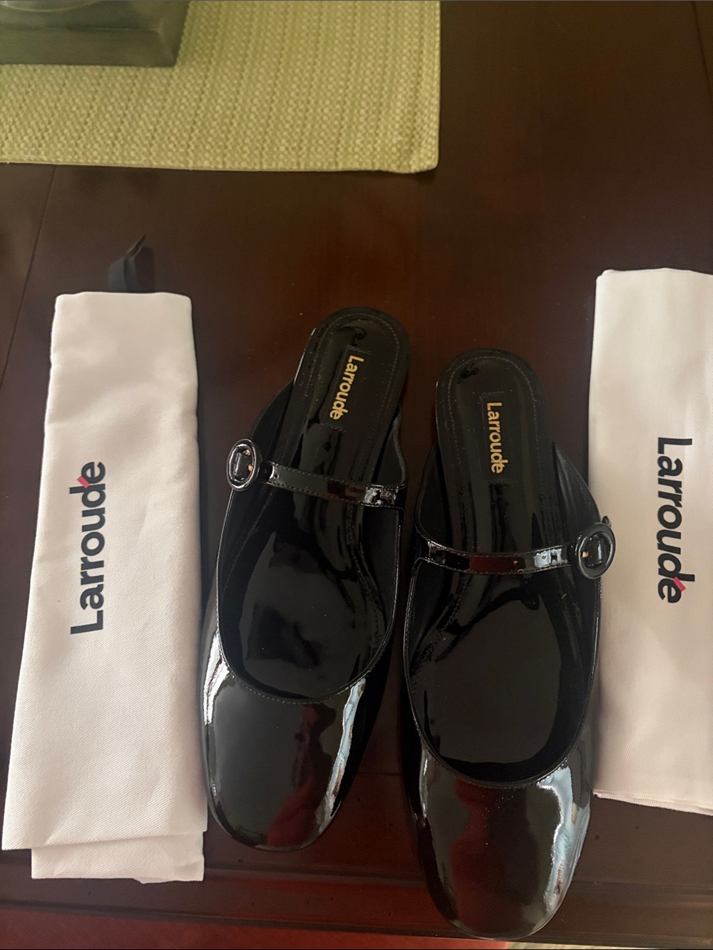 Larroude Black Patent Mary Jane Mules